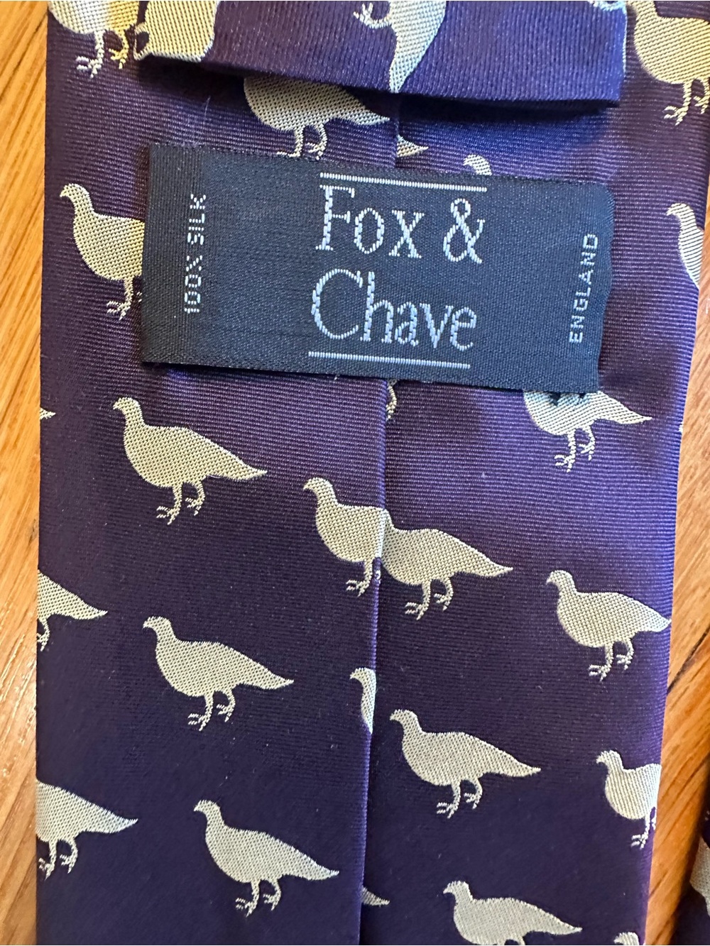 Purple Silk Tie with Cream Gamebird Print British Preppy Old money Classic
